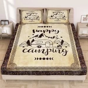 SOULZZZ Happy Camping Queen Bed Sheet with Deep Pocket Design Mountain Forest Car Camper 3 Piece Sheets Set for Kids Boys Girls, Halloween Christams Bedding Sheets 1 Fitted Sheet and 2 Pillowcases