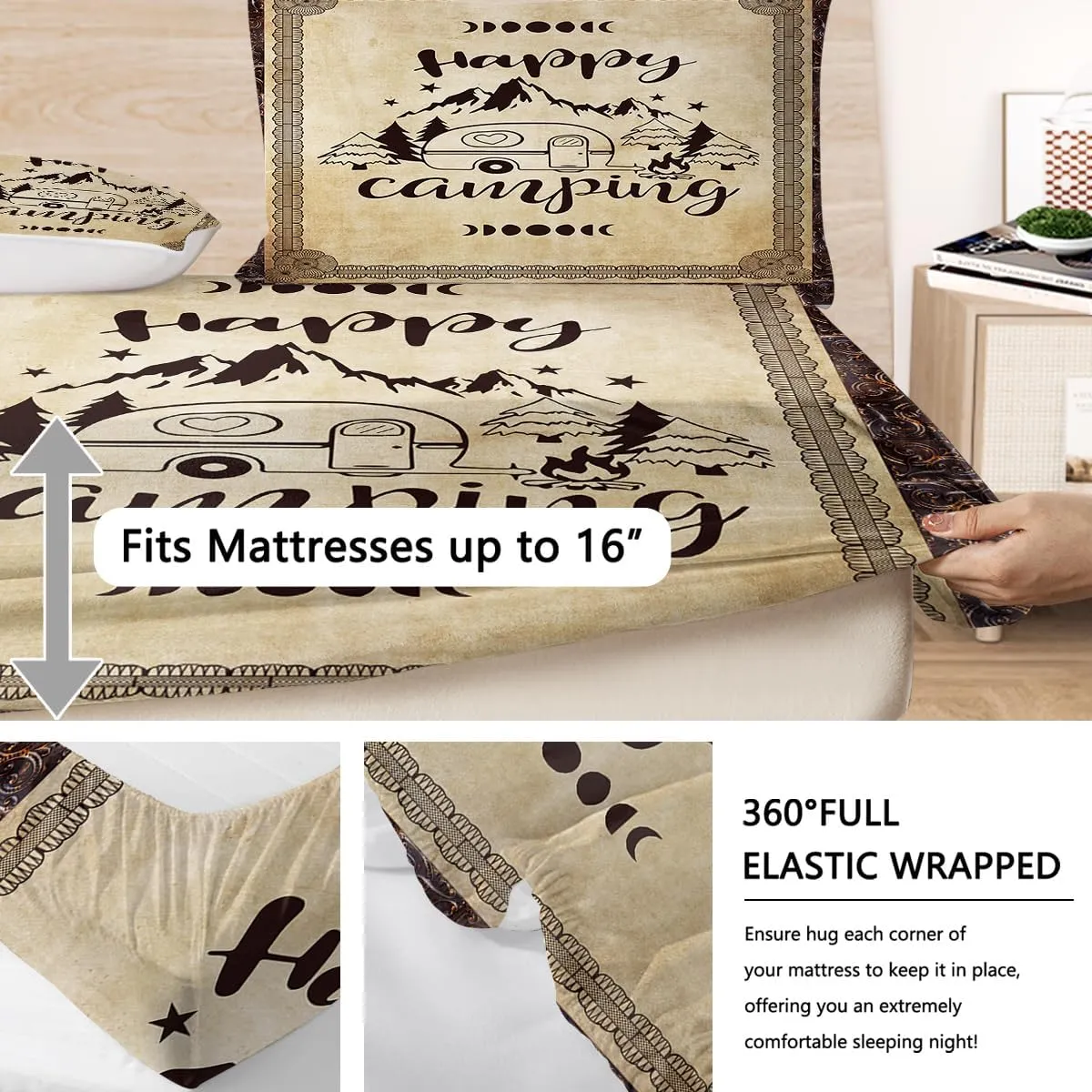 SOULZZZ Happy Camping Queen Bed Sheet with Deep Pocket Design Mountain Forest Car Camper 3 Piece Sheets Set for Kids Boys Girls, Halloween Christams Bedding Sheets 1 Fitted Sheet and 2 Pillowcases