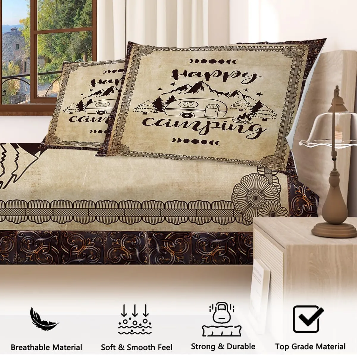 SOULZZZ Happy Camping Queen Bed Sheet with Deep Pocket Design Mountain Forest Car Camper 3 Piece Sheets Set for Kids Boys Girls, Halloween Christams Bedding Sheets 1 Fitted Sheet and 2 Pillowcases