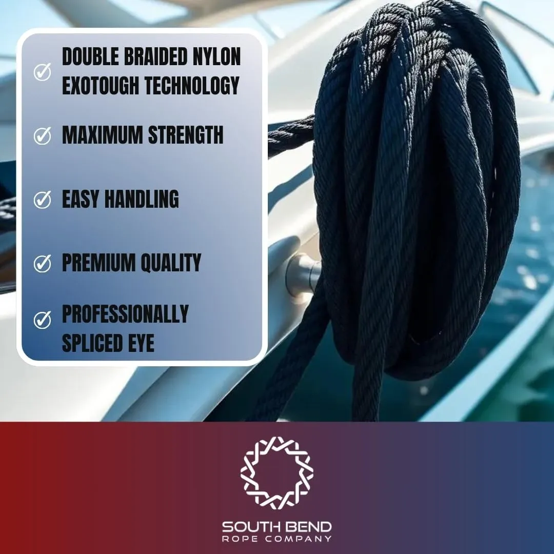 South Bend Rope Marine Grade Double Braided Nylon Dock Line w/Eye Splice (Black, 1-inch x 35 feet)