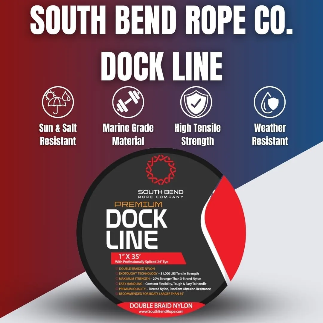 South Bend Rope Marine Grade Double Braided Nylon Dock Line w/Eye Splice (Black, 1-inch x 35 feet)