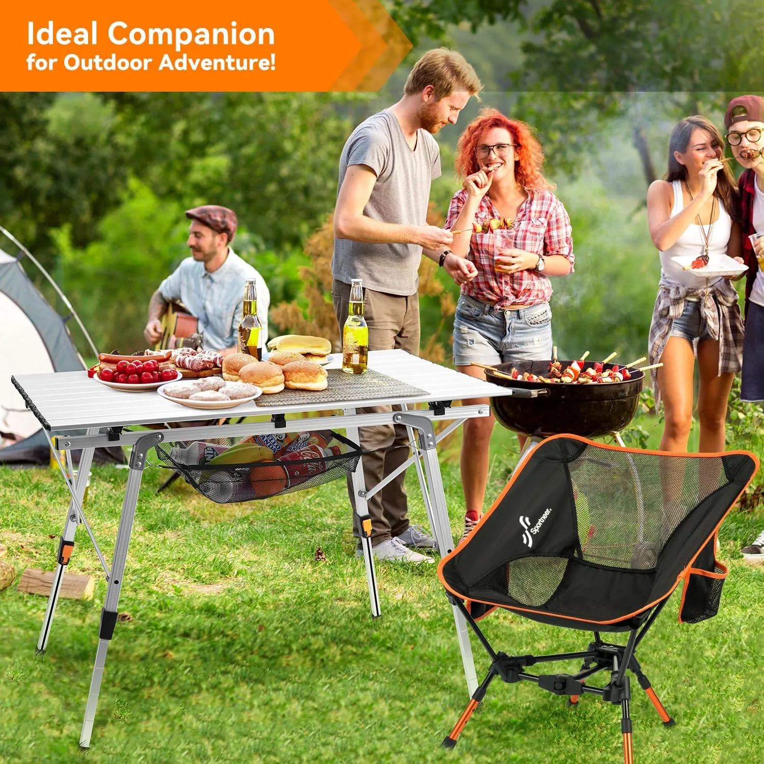 Sportneer Camping Tables That Fold Up Lightweight, Adjustable Height Aluminum Folding Table with Top Mesh Layer, Roll Up Camping Table for Outdoor Camp Picnic Beach RV Backyards Kitchen BBQ