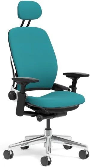 Steelcase Leap Task Chair: Polished Aluminum Base - 4D Adjustable Arms - Headrest - Hard Floor Casters