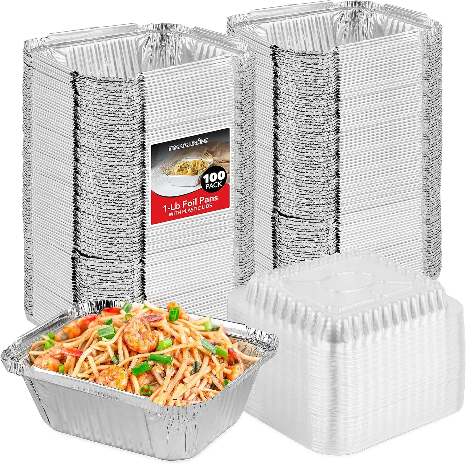 Stock Your Home 1 Lb Small Aluminum Pans with Lids (100 Pack) Foil Pans   Clear Plastic Lids, Disposable Cookware, Takeout Trays with Lids - To Go Disposable Food Containers for Restaurants & Catering