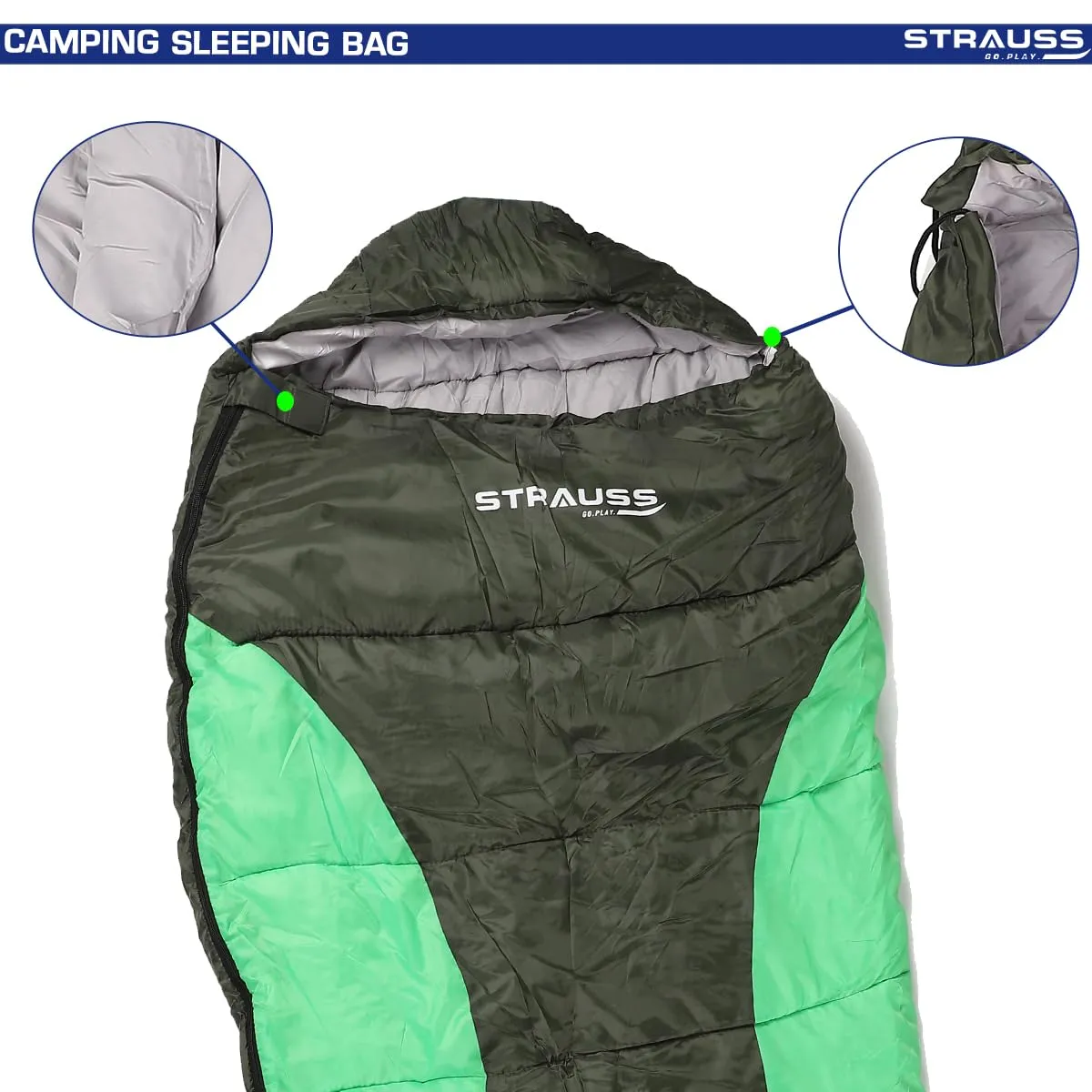 STRAUSS Camping Sleeping Bag: Lightweight & Portable | For All Seasons | 1 Person | Black/Green