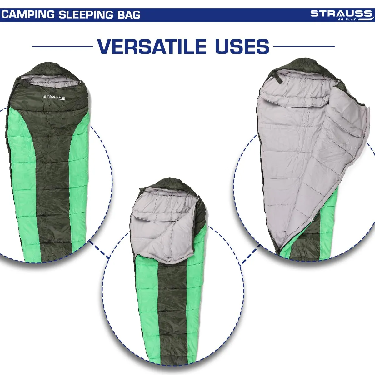 STRAUSS Camping Sleeping Bag: Lightweight & Portable | For All Seasons | 1 Person | Black/Green