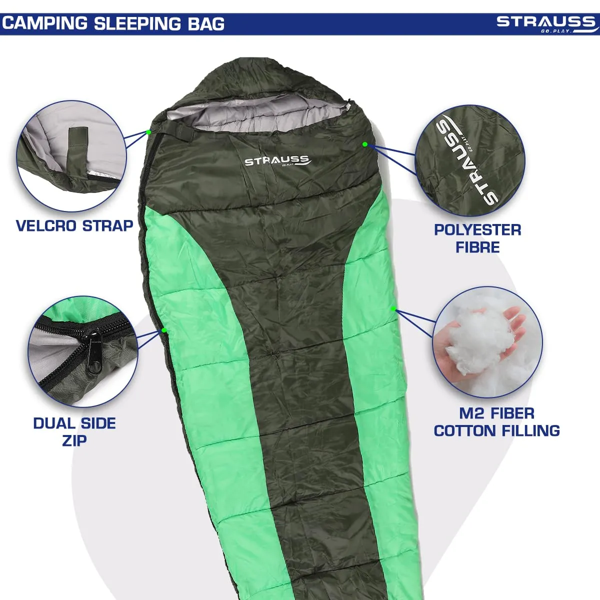 STRAUSS Camping Sleeping Bag: Lightweight & Portable | For All Seasons | 1 Person | Black/Green