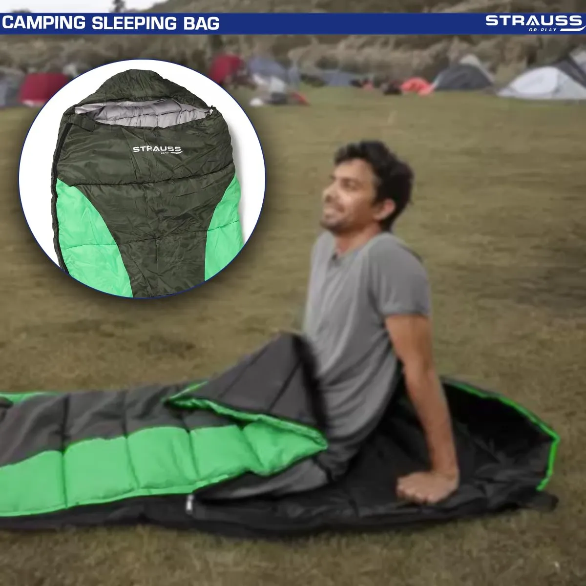 STRAUSS Camping Sleeping Bag: Lightweight & Portable | For All Seasons | 1 Person | Black/Green