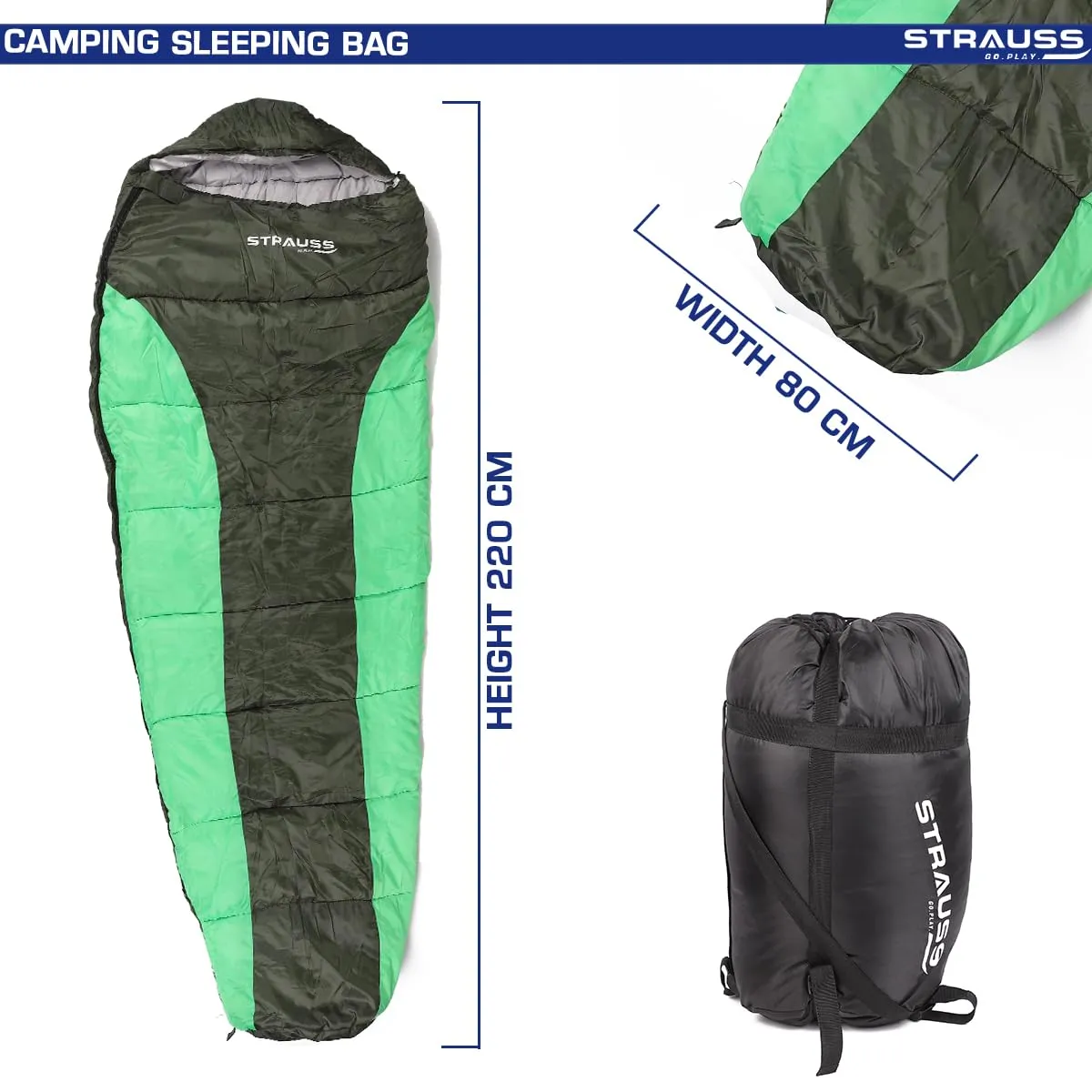 STRAUSS Camping Sleeping Bag: Lightweight & Portable | For All Seasons | 1 Person | Black/Green