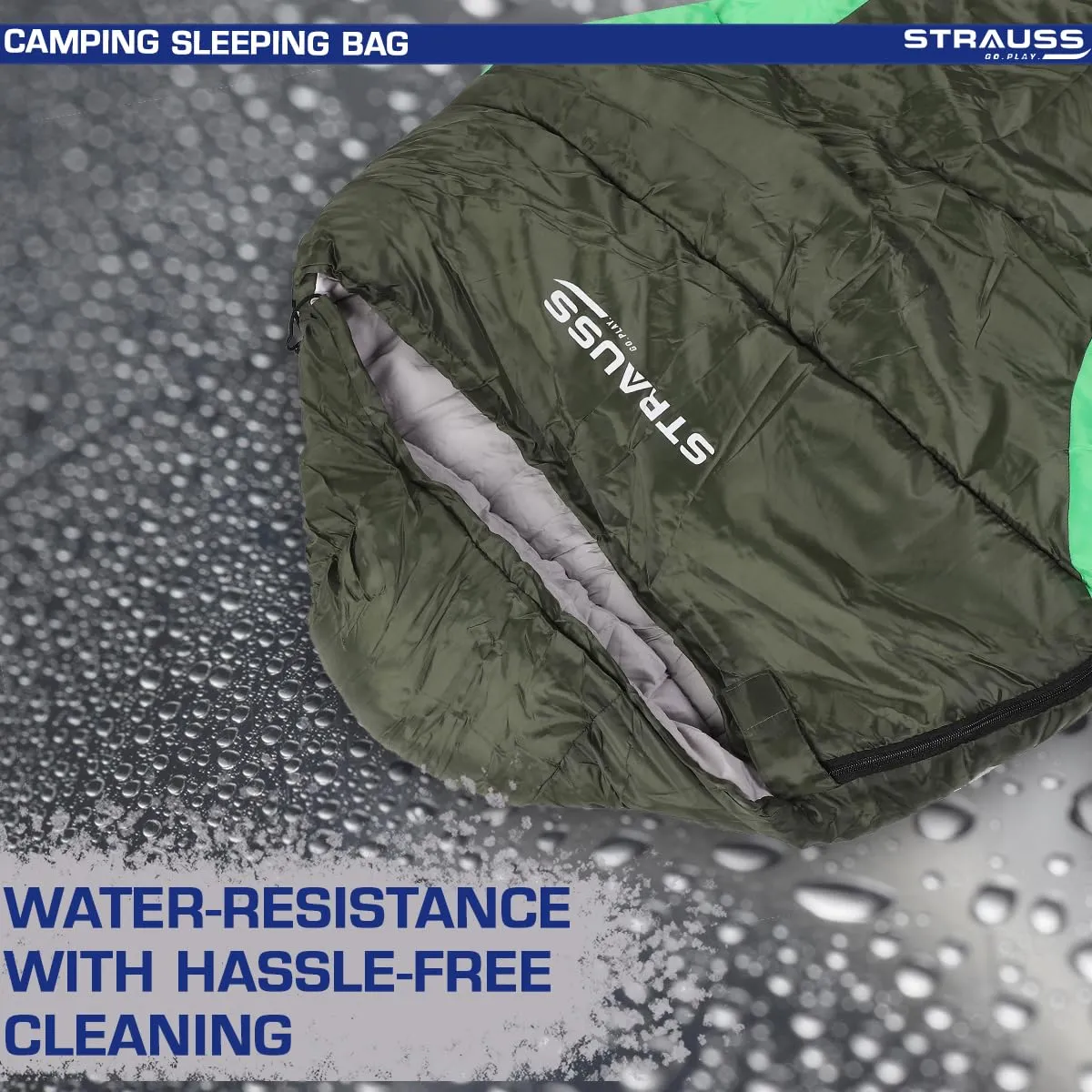 STRAUSS Camping Sleeping Bag: Lightweight & Portable | For All Seasons | 1 Person | Black/Green