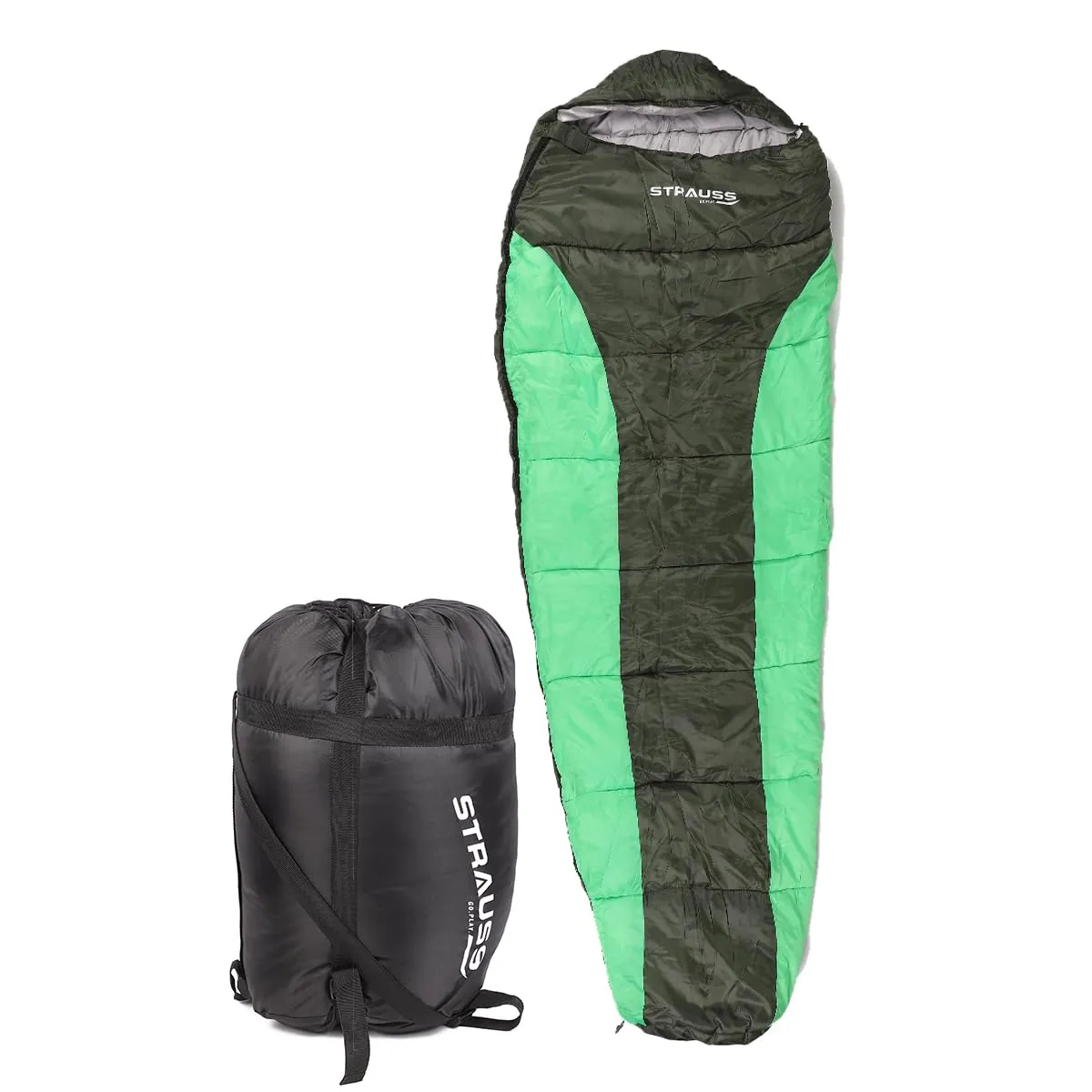 STRAUSS Camping Sleeping Bag: Lightweight & Portable | For All Seasons | 1 Person | Black/Green