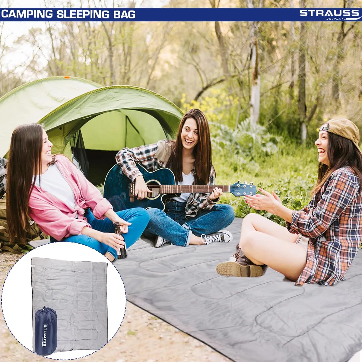 STRAUSS Camping Sleeping Bag - Lightweight, Portable | 1 Person | All Seasons | Blue