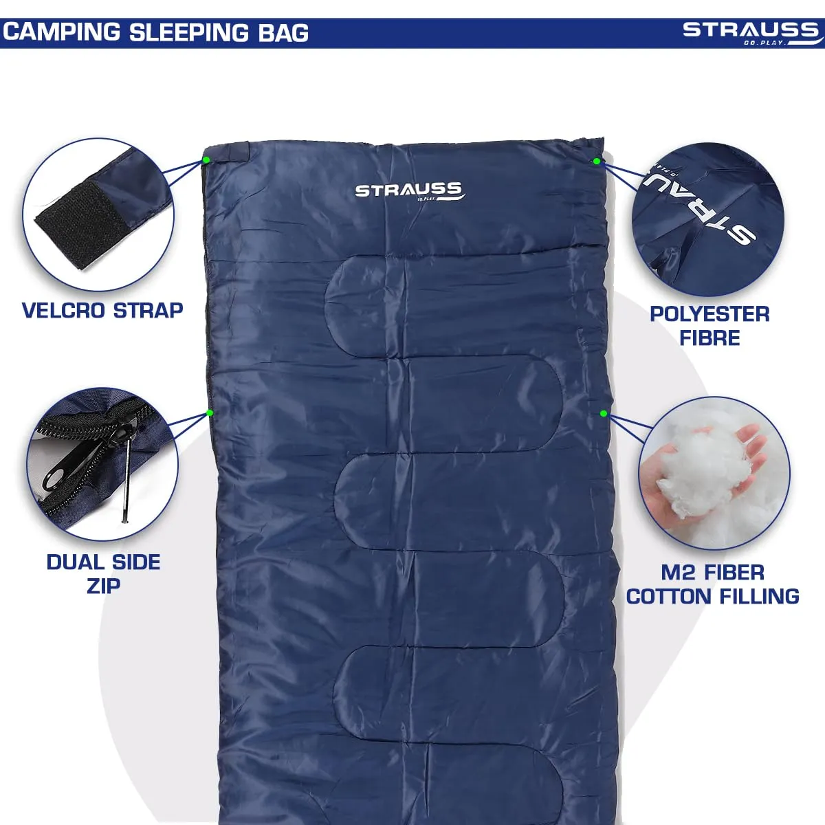 STRAUSS Camping Sleeping Bag - Lightweight, Portable | 1 Person | All Seasons | Blue