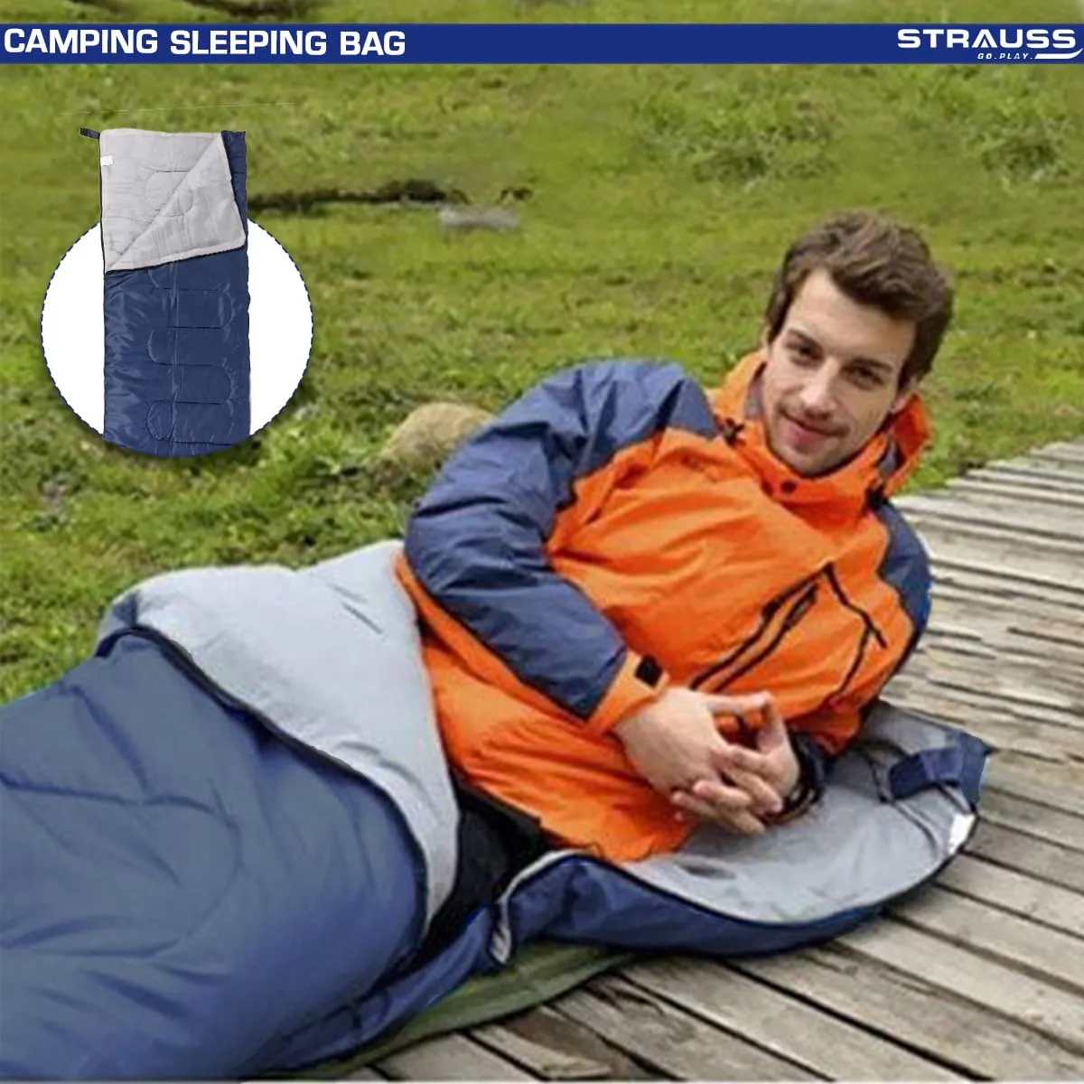 STRAUSS Camping Sleeping Bag - Lightweight, Portable | 1 Person | All Seasons | Blue