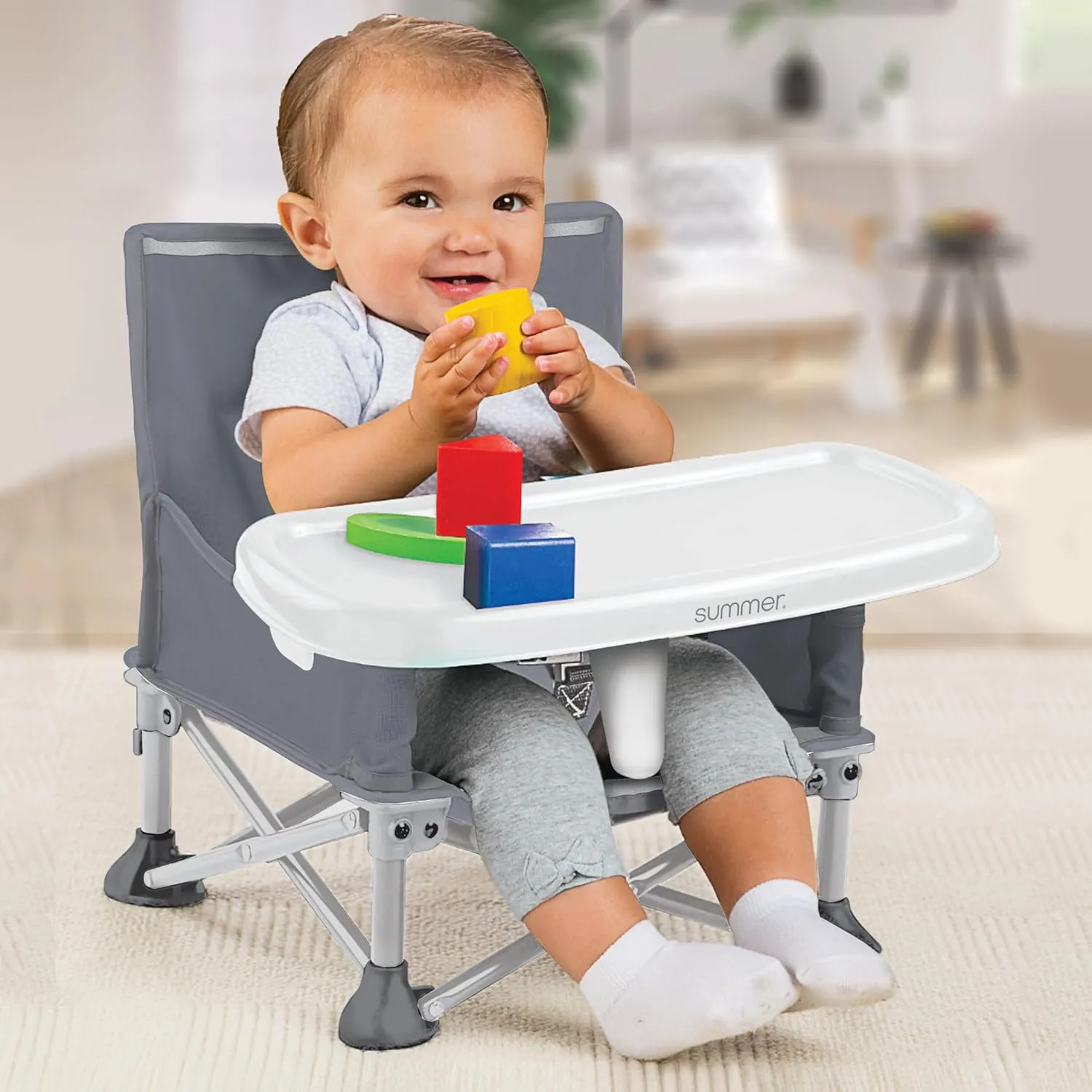 Summer by Bright Starts Pop 'N Sit Portable Booster Chair, Floor Seat, Indoor/Outdoor Use, Compact Fold, Grey, 6 Mos - 3 Yrs