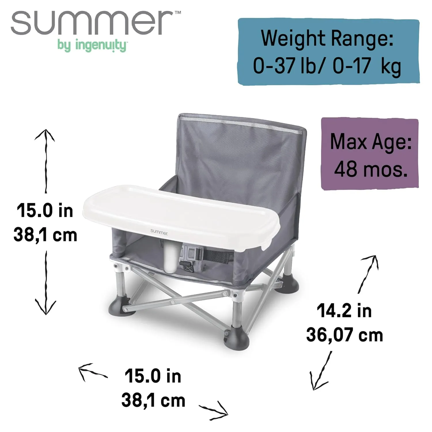 Summer by Bright Starts Pop 'N Sit Portable Booster Chair, Floor Seat, Indoor/Outdoor Use, Compact Fold, Grey, 6 Mos - 3 Yrs
