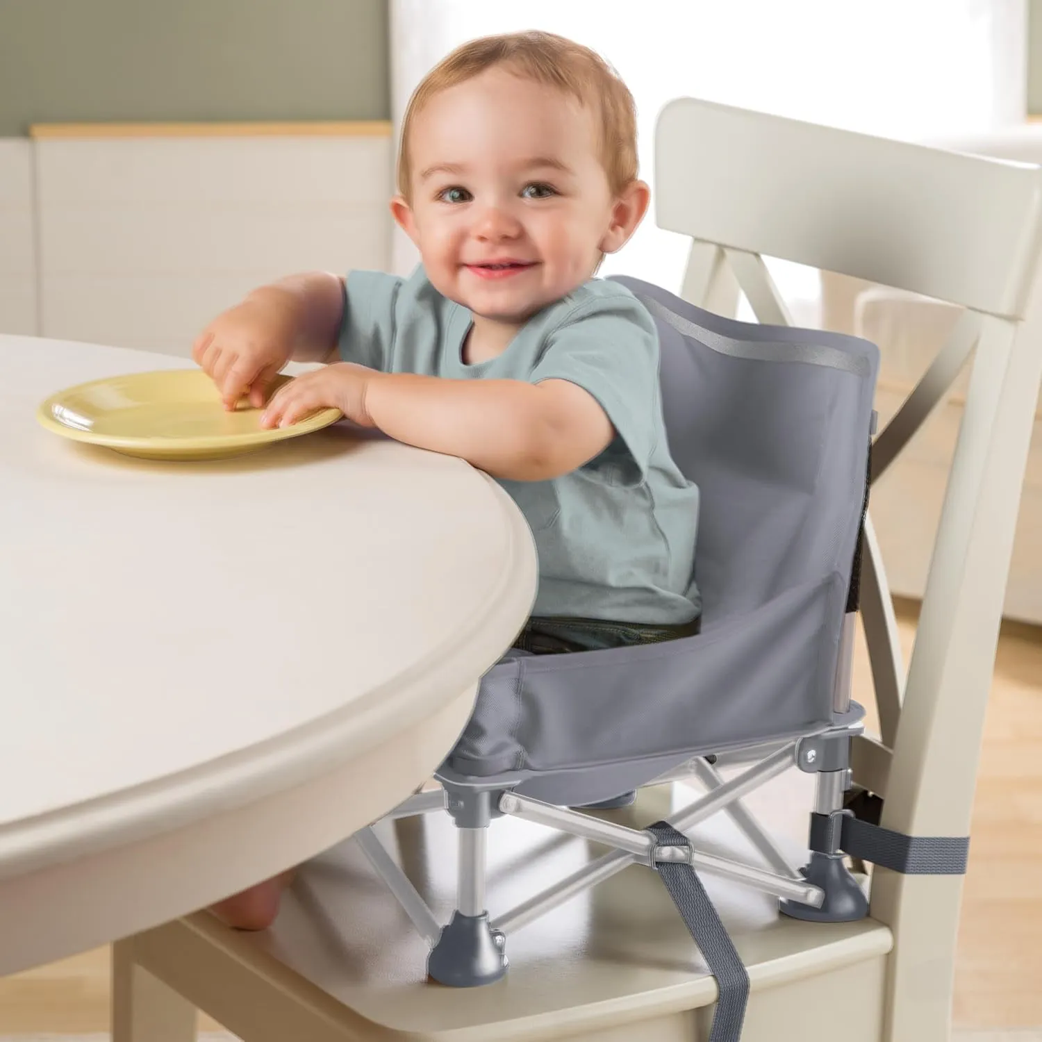 Summer by Bright Starts Pop 'N Sit Portable Booster Chair, Floor Seat, Indoor/Outdoor Use, Compact Fold, Grey, 6 Mos - 3 Yrs