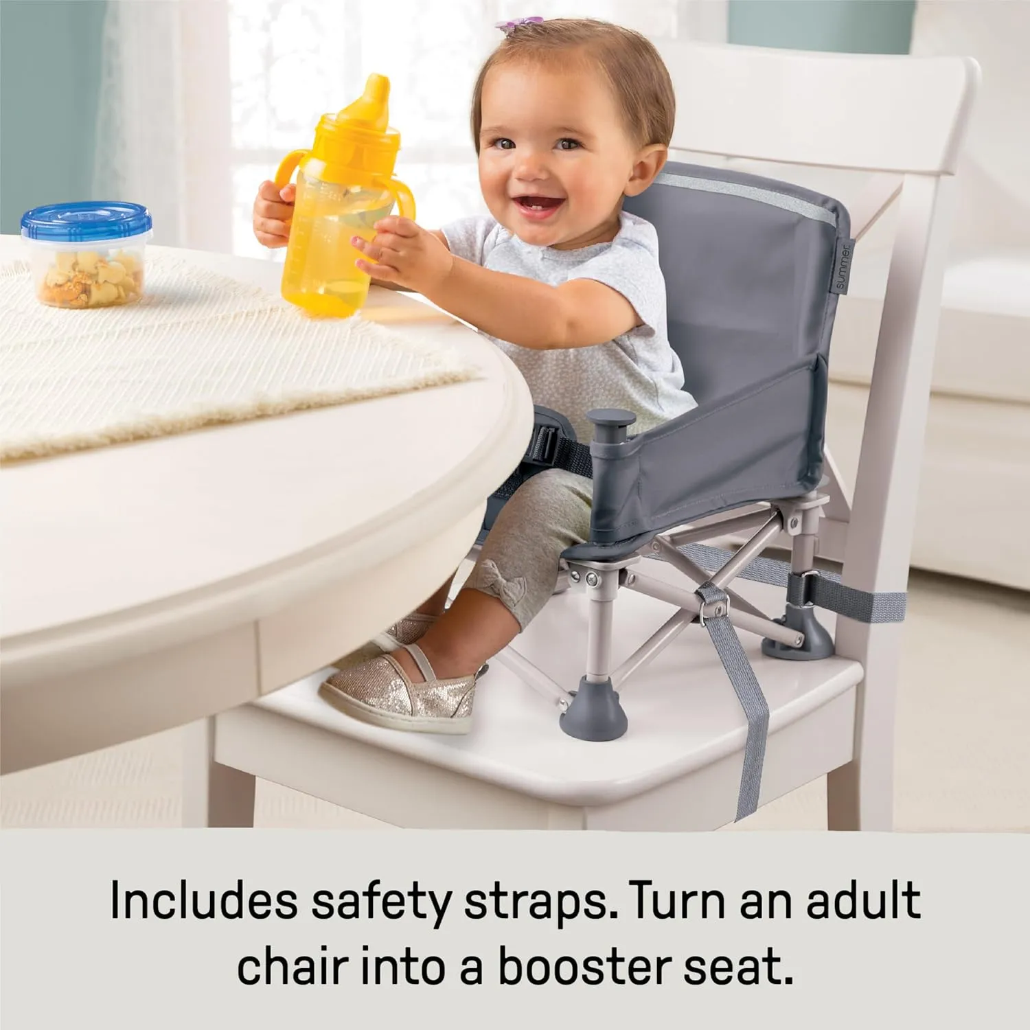Summer by Bright Starts Pop 'N Sit Portable Booster Chair, Floor Seat, Indoor/Outdoor Use, Compact Fold, Grey, 6 Mos - 3 Yrs