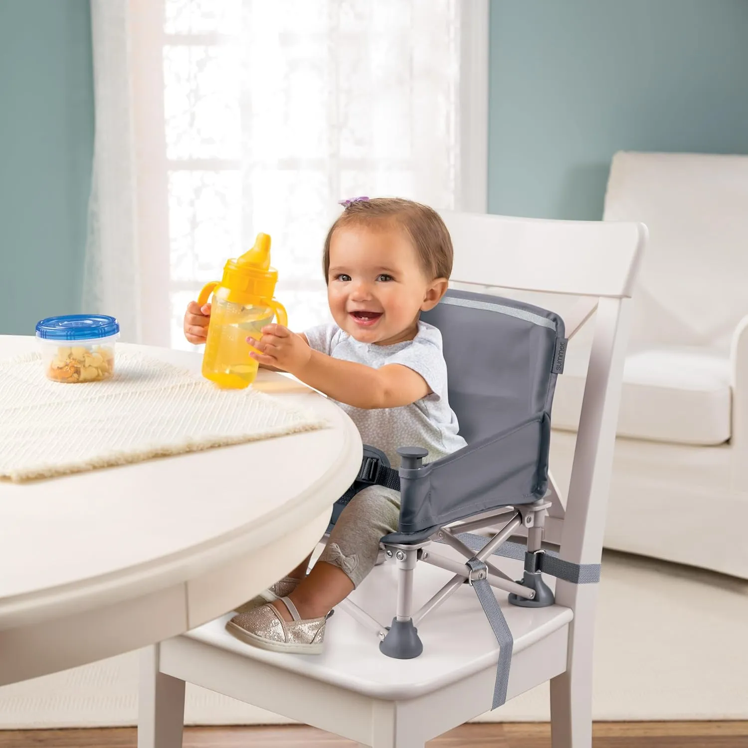 Summer by Bright Starts Pop 'N Sit Portable Booster Chair, Floor Seat, Indoor/Outdoor Use, Compact Fold, Grey, 6 Mos - 3 Yrs