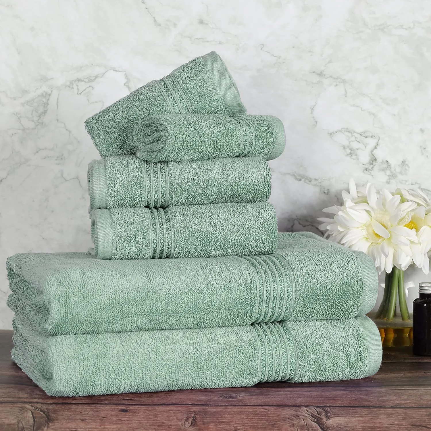 Superior Egyptian Cotton 6-Piece Towel Set, Bathroom Essentials, Towels For Bathroom, Apartment, Airbnb, Guest Bath, Face, Hand, Bath Towels, Washcloths, Absorbent, Fast Drying, Sage