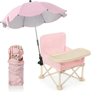 Suzile Baby Outdoor Beach Chair with Umbrella Travel Booster Seat with Tray Compact Baby Folding Chair Portable Booster Chair with Storage Bag, Backrest Pocket for Dining Table, Camping