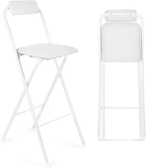 Suzile Folding Bar Stool with Backrest, Leather Padded Counter Height Foldable Stool, Portable Chairs Folding Seat Tall Bar Chairs for Outdoor Camping Kitchen Shop Cafe, White(29.5 Inch)