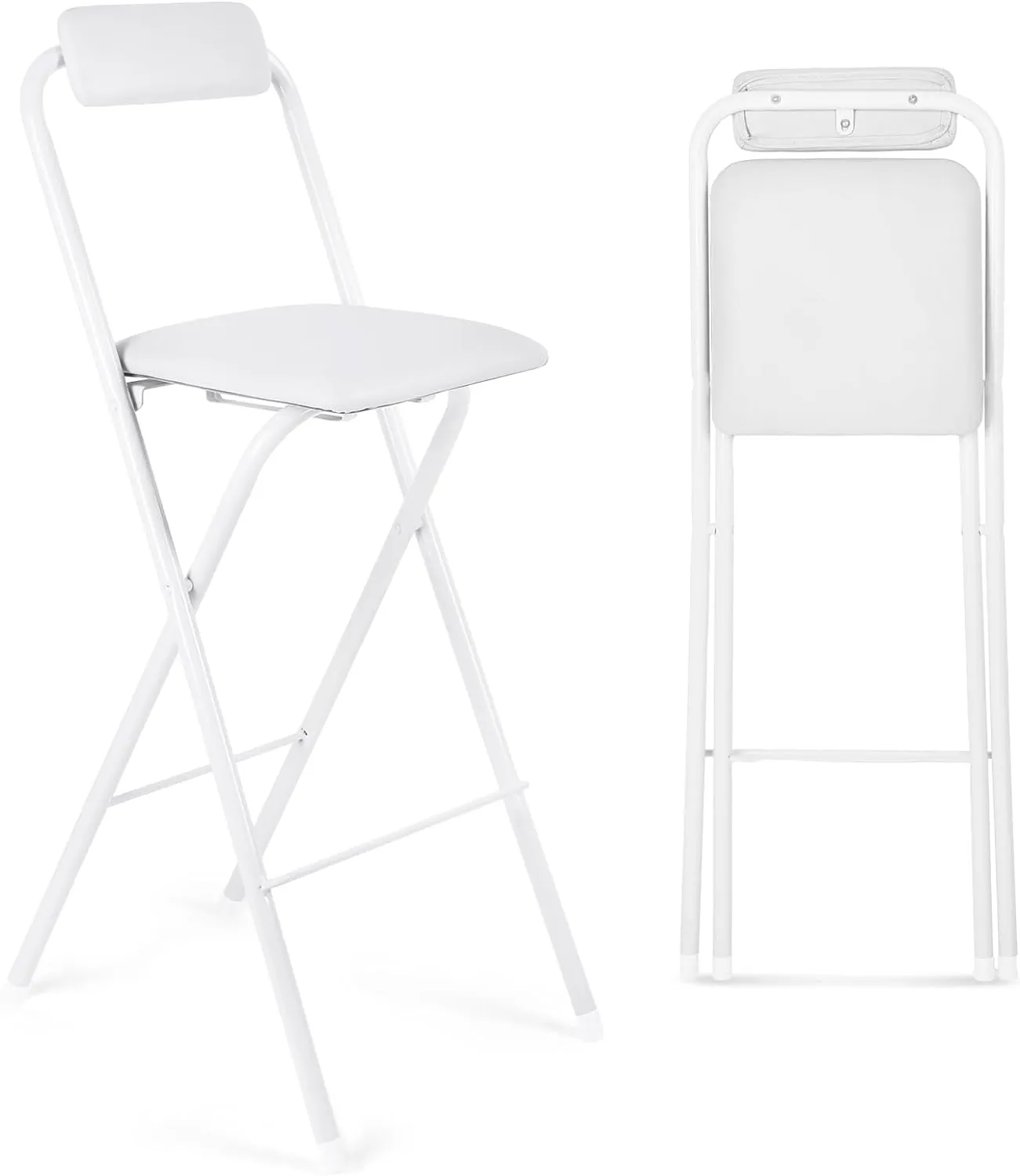 Suzile Folding Bar Stool with Backrest, Leather Padded Counter Height Foldable Stool, Portable Chairs Folding Seat Tall Bar Chairs for Outdoor Camping Kitchen Shop Cafe, White(29.5 Inch)