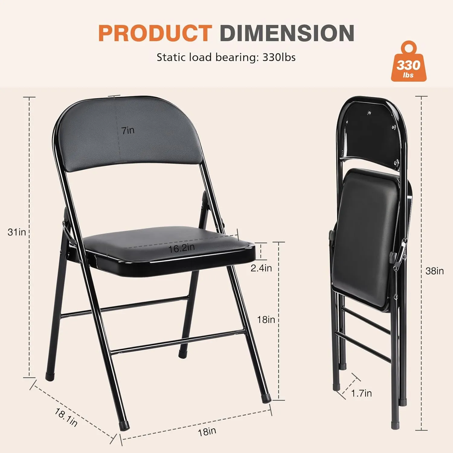 Sweetcrispy Folding Chair 4 Pack, Leather Padded Folding Chairs, Sturdy Metal Foldable Chairs, Easy to Use and Store, Outdoor and Indoor, for Home, Office, Party, Comfy, Black