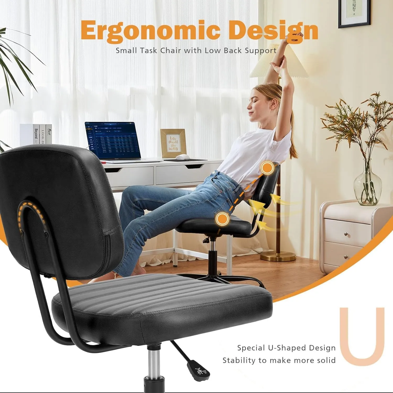 Sweetcrispy Small Office Desk Chair - Armless PU Leather with Comfy Lumbar Support, Height Adjustable Rolling Swivel Task for No Arms, for Adult, Student, Bedroom, Home, Vanity, Black