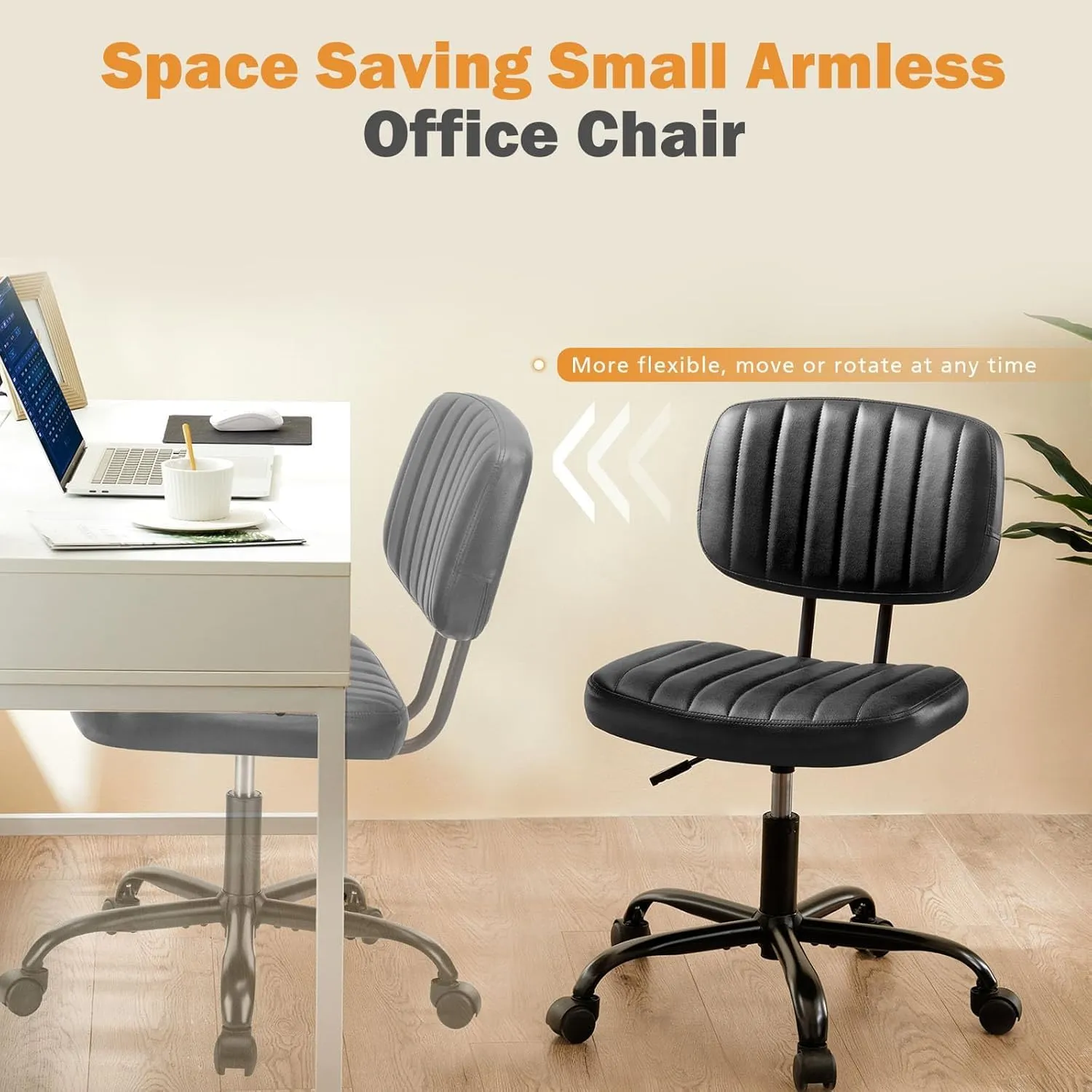 Sweetcrispy Small Office Desk Chair - Armless PU Leather with Comfy Lumbar Support, Height Adjustable Rolling Swivel Task for No Arms, for Adult, Student, Bedroom, Home, Vanity, Black