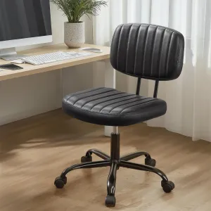 Sweetcrispy Small Office Desk Chair - Armless PU Leather with Comfy Lumbar Support, Height Adjustable Rolling Swivel Task for No Arms, for Adult, Student, Bedroom, Home, Vanity, Black
