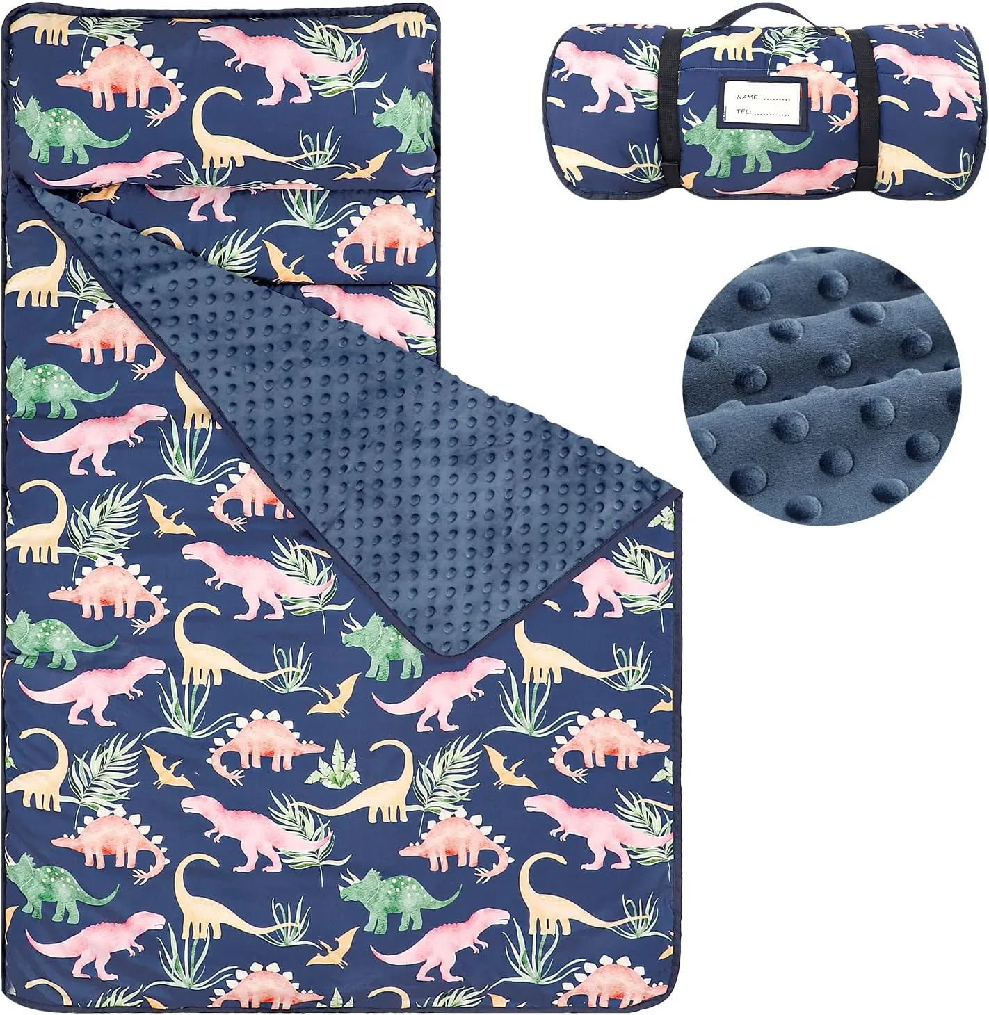 SWESEN Toddler Nap Mat for Preschool, Soft Kids Nap Mat with Removable Pillow and Minky Blanket, Extra Large Rolled Daycare Sleeping Bag for Boys Girls, 22in x 55in, Ages 3-6 Years
