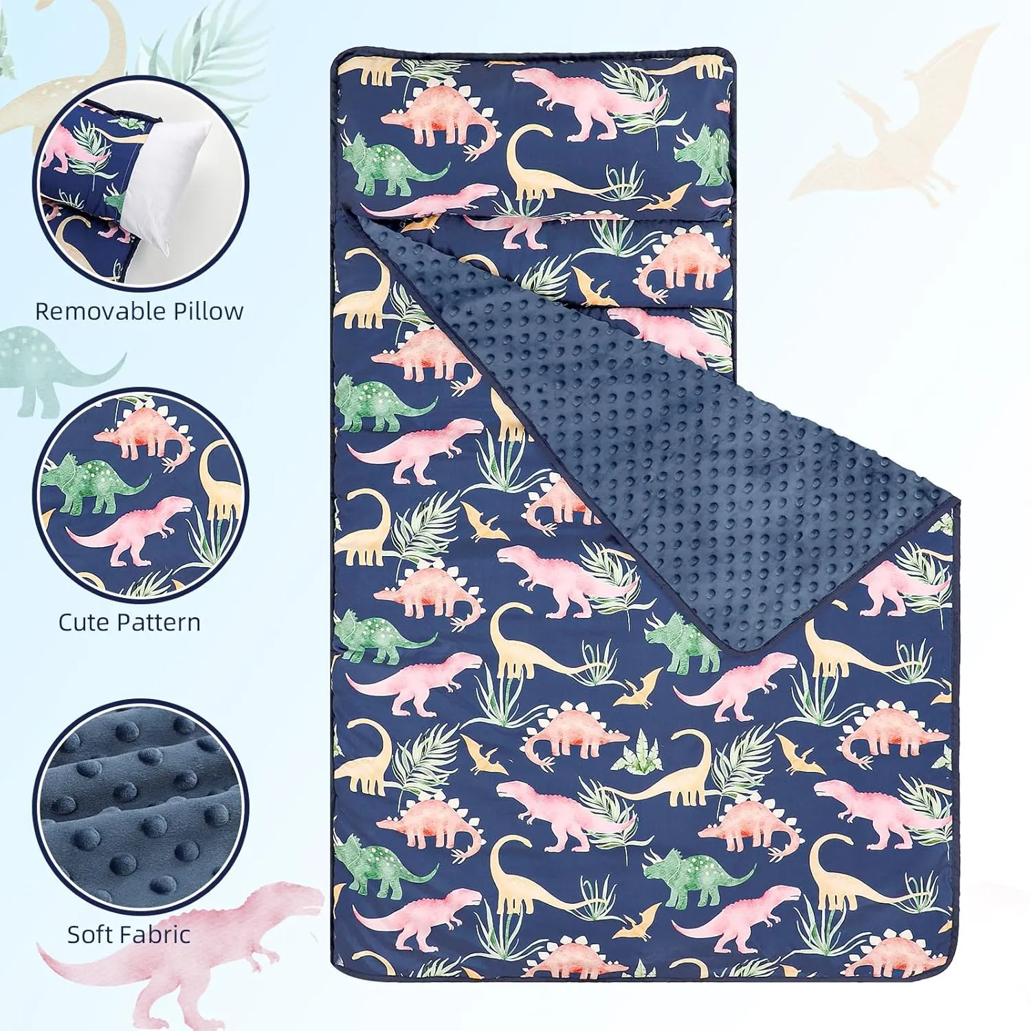 SWESEN Toddler Nap Mat for Preschool, Soft Kids Nap Mat with Removable Pillow and Minky Blanket, Extra Large Rolled Daycare Sleeping Bag for Boys Girls, 22in x 55in, Ages 3-6 Years