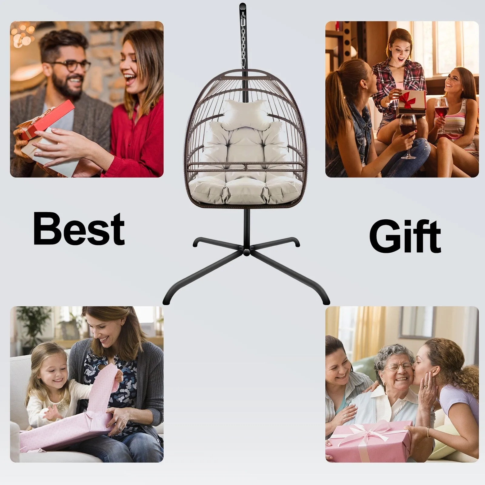 Swing Egg Chair with Stand Indoor Outdoor Wicker Rattan Patio Basket Hanging Chair