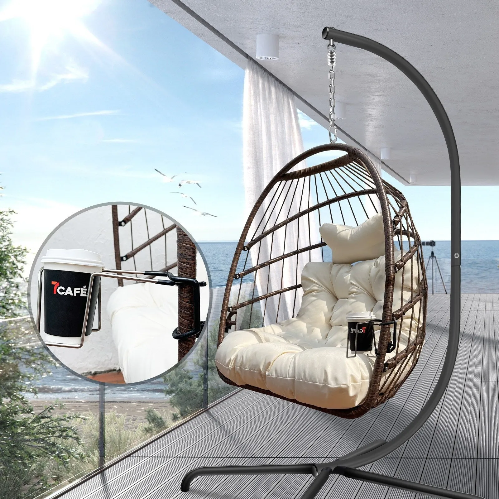 Swing Egg Chair with Stand Indoor Outdoor Wicker Rattan Patio Basket Hanging Chair