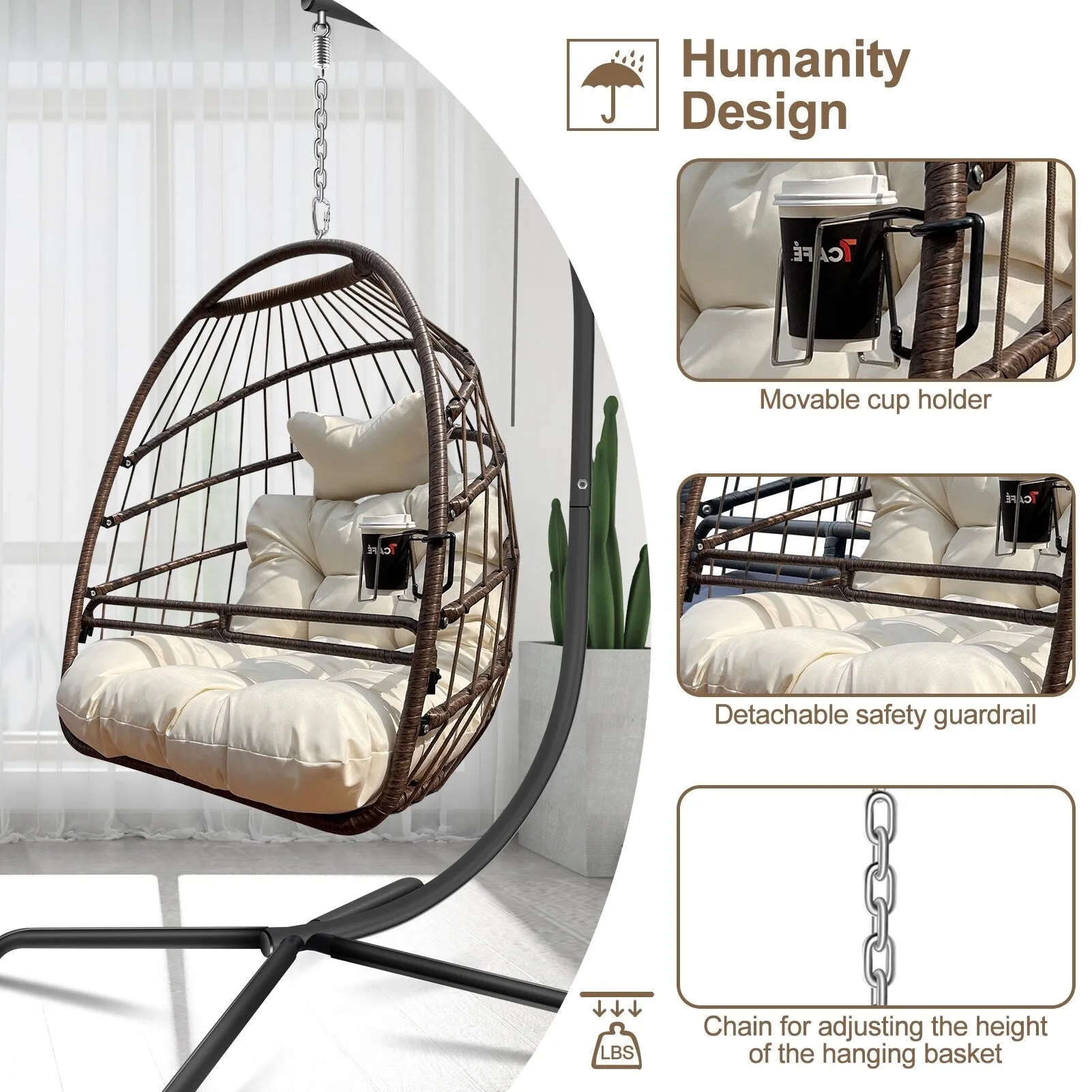 Swing Egg Chair with Stand Indoor Outdoor Wicker Rattan Patio Basket Hanging Chair