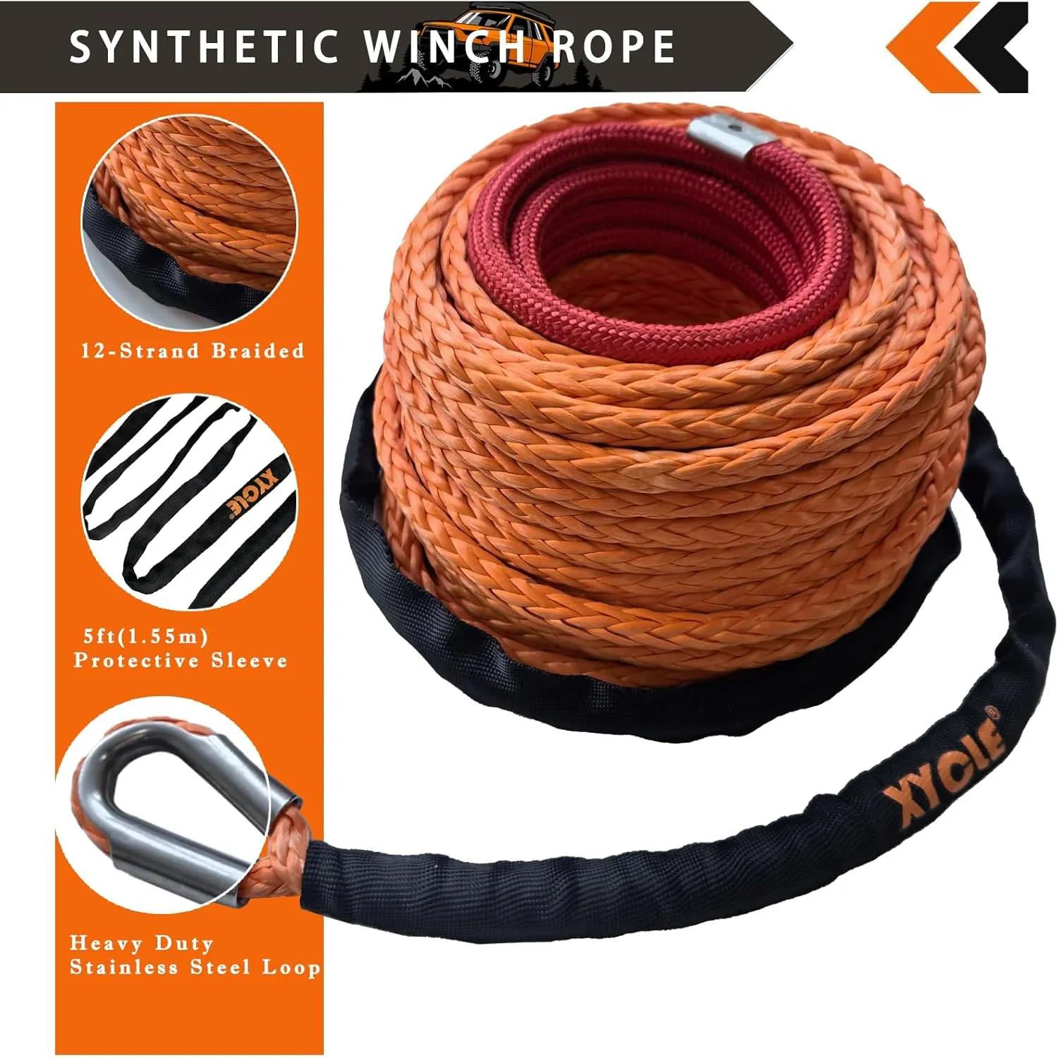 Synthetic Winch Rope, 3/8 "x 90 Ft Synthetic Winch Line Cable Rope, Breaking Strength for 20000LBs with Black Protecing Sleeve for Off Road Vehicle Jeep ATV UTV SUV（Orange）