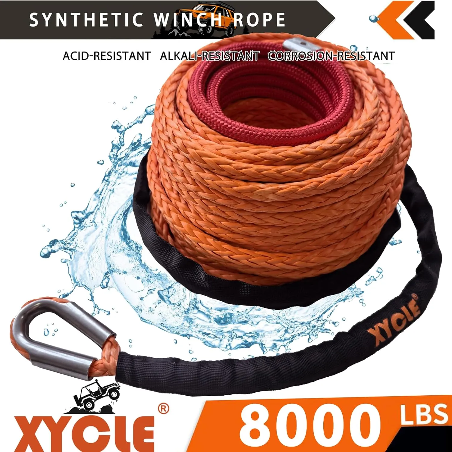 Synthetic Winch Rope, 3/8 "x 90 Ft Synthetic Winch Line Cable Rope, Breaking Strength for 20000LBs with Black Protecing Sleeve for Off Road Vehicle Jeep ATV UTV SUV（Orange）