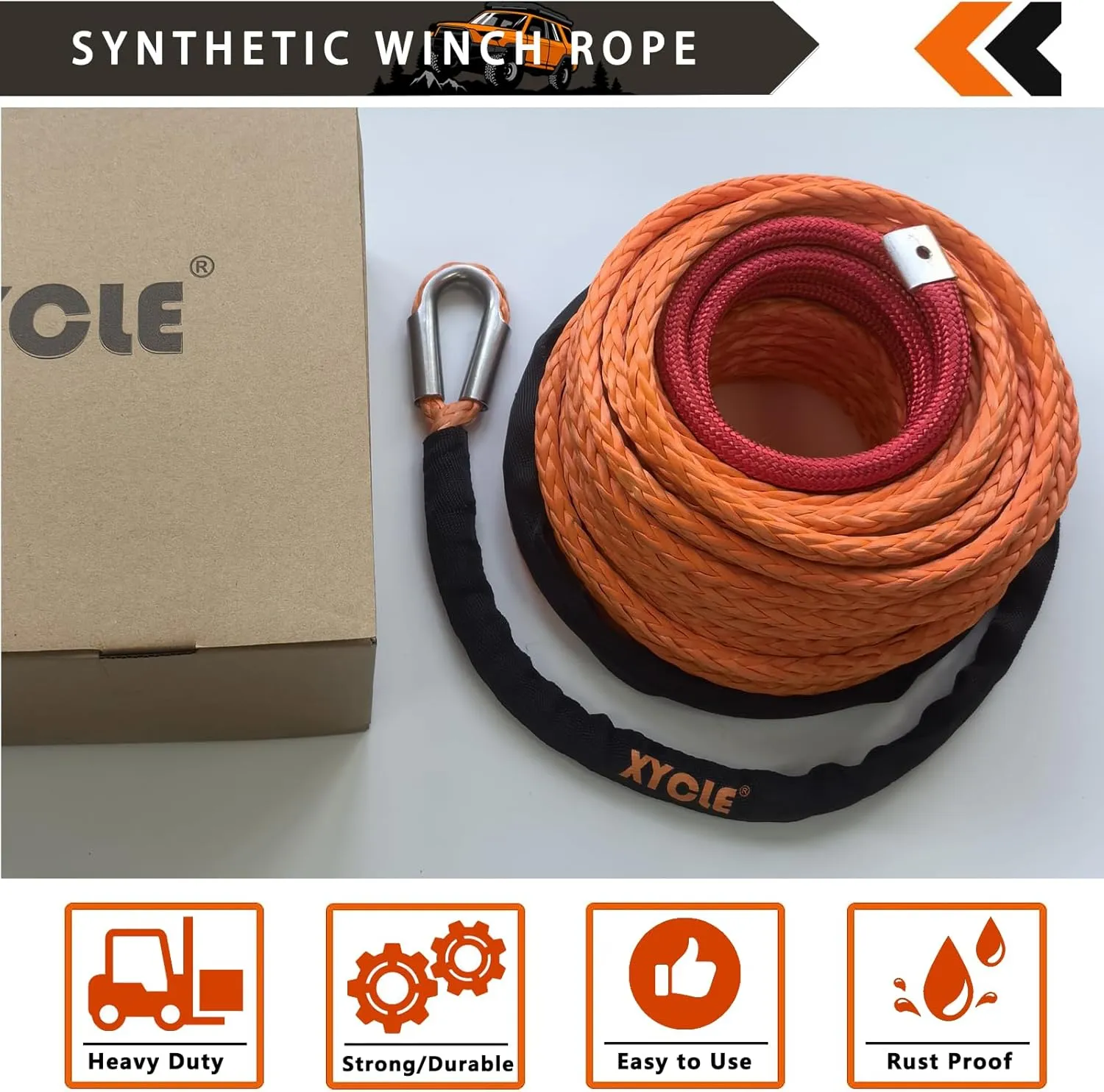 Synthetic Winch Rope,3/8 "x 90.5Ft Synthetic Winch Line Cable Rope, 20000LBs Breaking Strength with Forged Winch Hook Black Protecing Sleeve for Off Road Vehicle Jeep ATV UTV SUV（Orange）