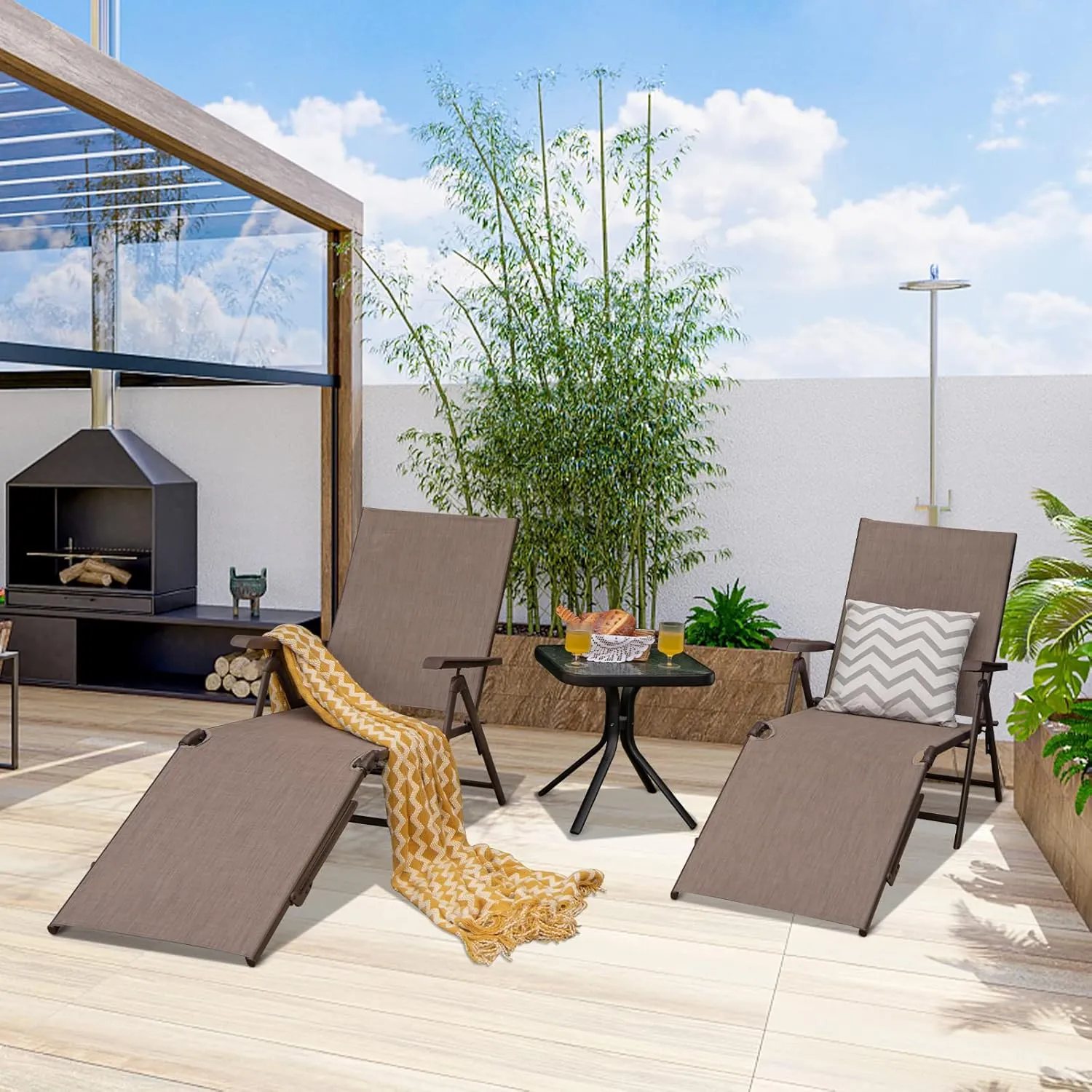 Tangkula Folding Lounge Chair Outdoor, Recliner Chaise Lounge with 5-Position Adjustable Backrest & 2-Position Footrest, No Assembly Required, Suitable for Patio Poolside Beach Yard (1, Brown)