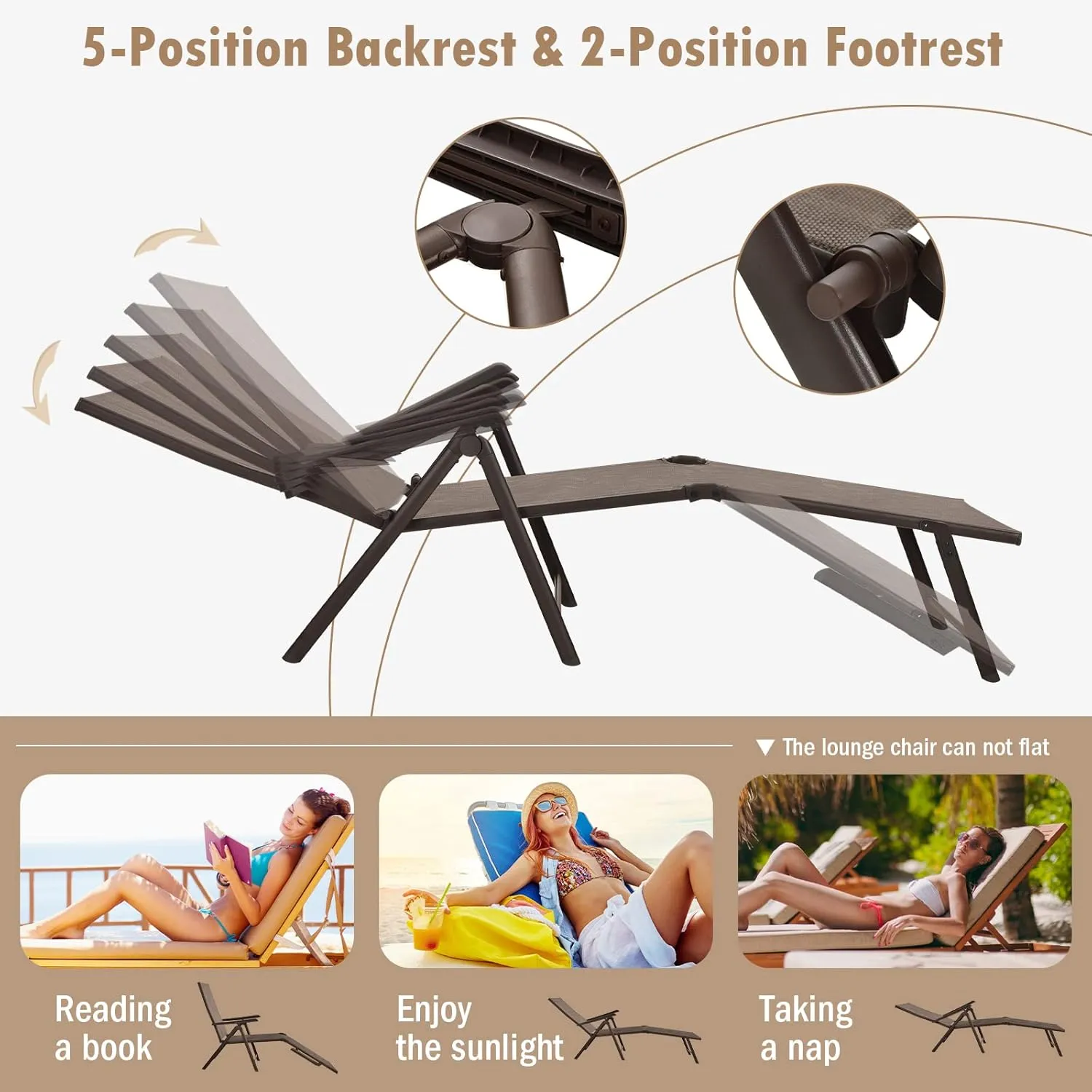 Tangkula Folding Lounge Chair Outdoor, Recliner Chaise Lounge with 5-Position Adjustable Backrest & 2-Position Footrest, No Assembly Required, Suitable for Patio Poolside Beach Yard (1, Brown)