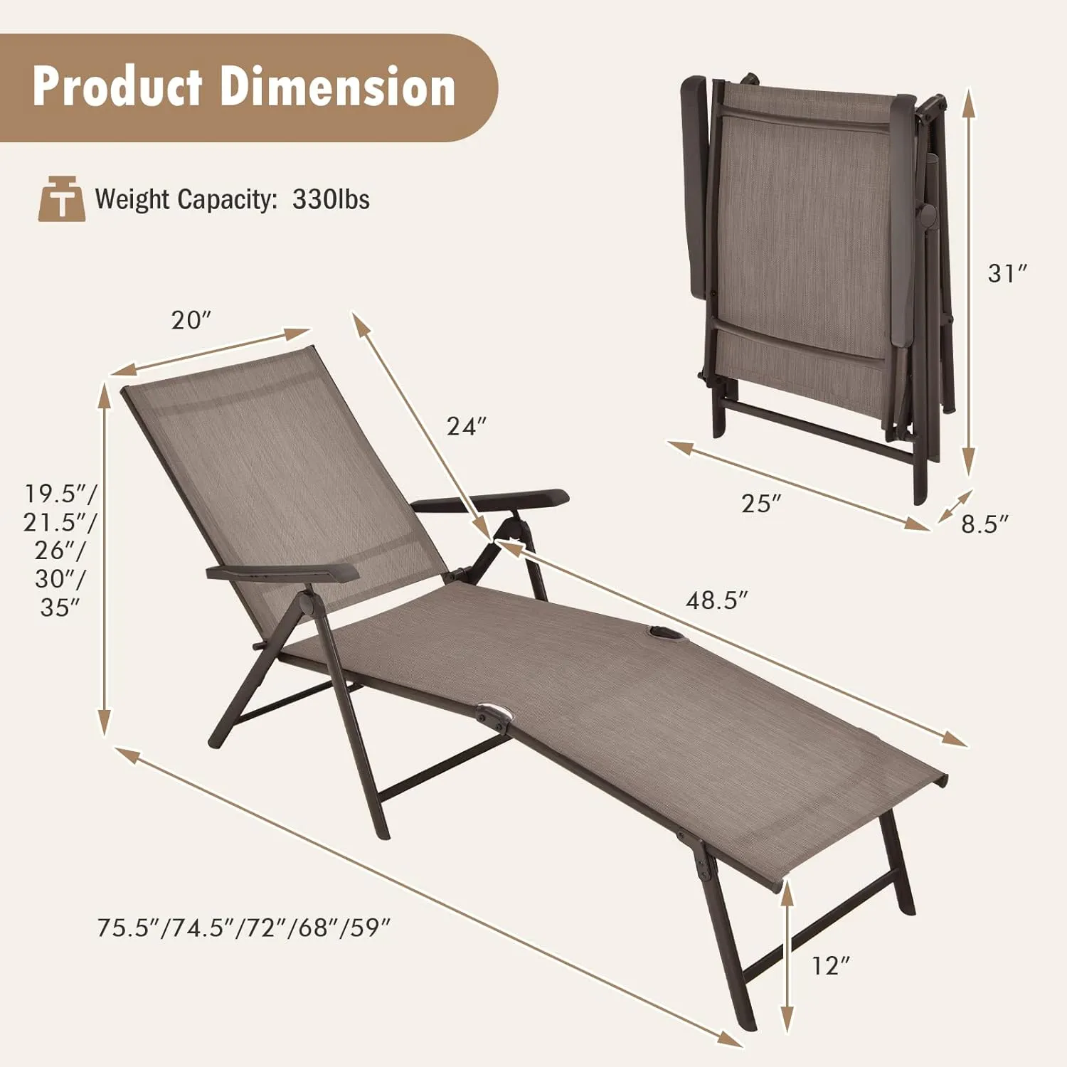 Tangkula Folding Lounge Chair Outdoor, Recliner Chaise Lounge with 5-Position Adjustable Backrest & 2-Position Footrest, No Assembly Required, Suitable for Patio Poolside Beach Yard (1, Brown)