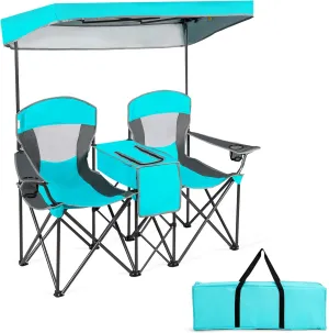Tangkula Loveseat Camping Chair with Adjustable Shade Canopy, Portable Beach Chair with Cooler Bag, 2 Cup Holders, Carrying Bag, Foldable Double Lawn Chair for Travel, Fishing, Picnic (Navy)