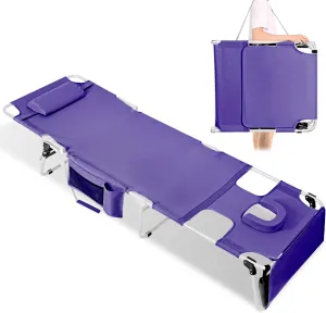 Tanning Chair with Face Hole, Adjustable Folding Chaise Lounge Chairs for Outside with Detachable Pillow & Pocket，Portable flat beach chairs for sunbathing, beach lawns camping (Purple, Standard)