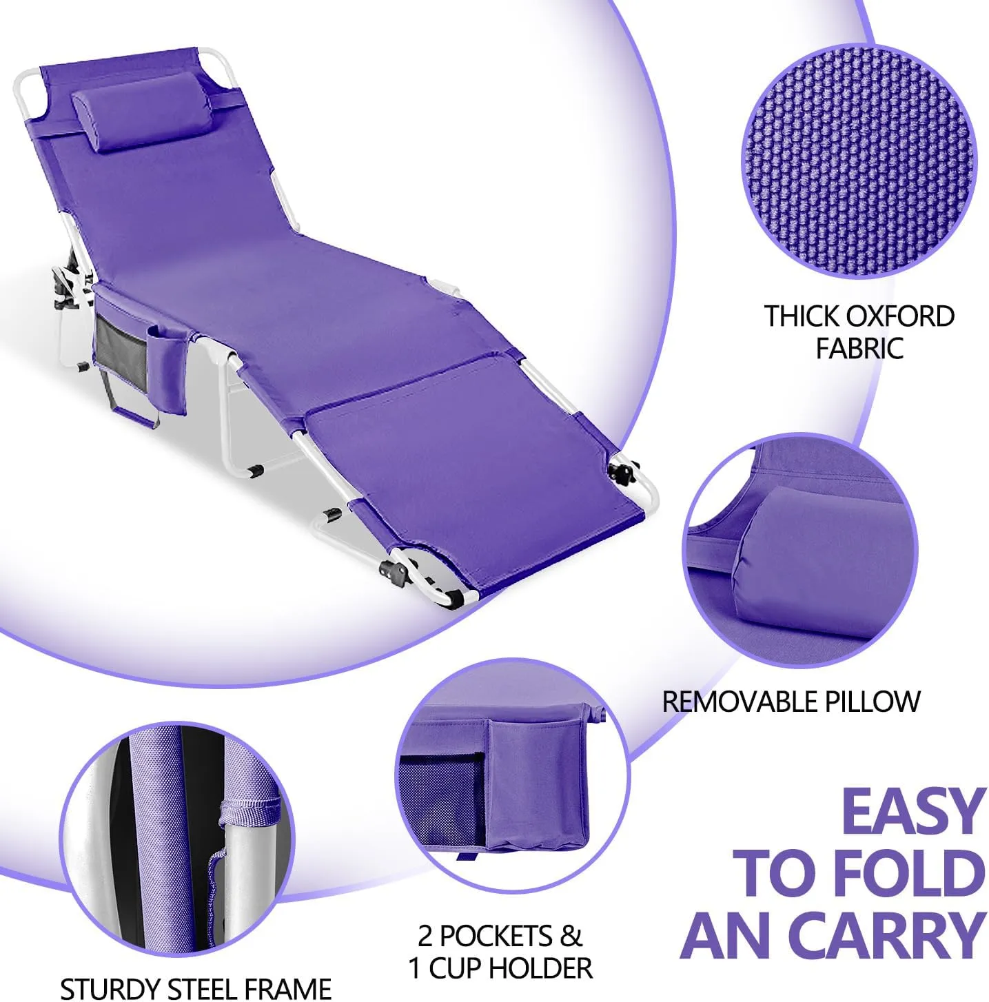 Tanning Chair with Face Hole, Adjustable Folding Chaise Lounge Chairs for Outside with Detachable Pillow & Pocket，Portable flat beach chairs for sunbathing, beach lawns camping (Purple, Standard)