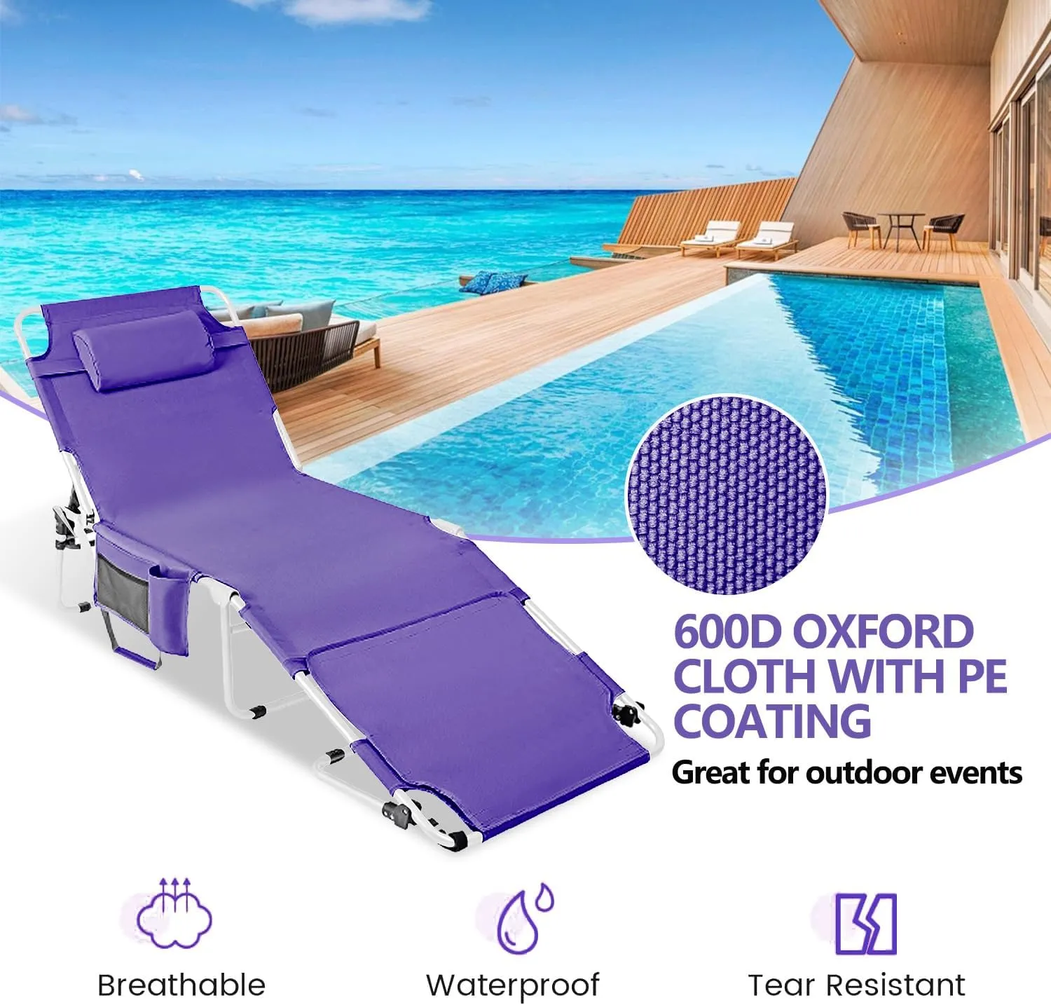 Tanning Chair with Face Hole, Adjustable Folding Chaise Lounge Chairs for Outside with Detachable Pillow & Pocket，Portable flat beach chairs for sunbathing, beach lawns camping (Purple, Standard)