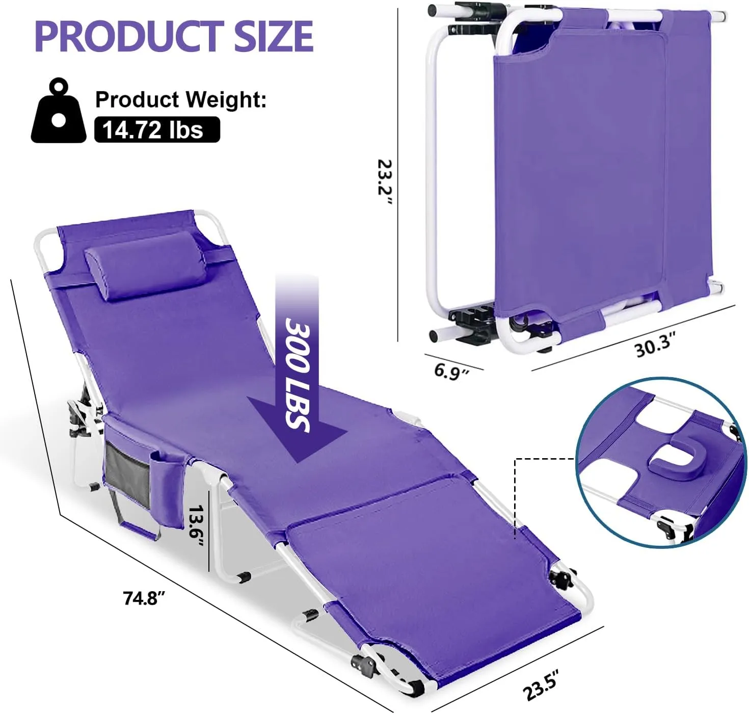 Tanning Chair with Face Hole, Adjustable Folding Chaise Lounge Chairs for Outside with Detachable Pillow & Pocket，Portable flat beach chairs for sunbathing, beach lawns camping (Purple, Standard)
