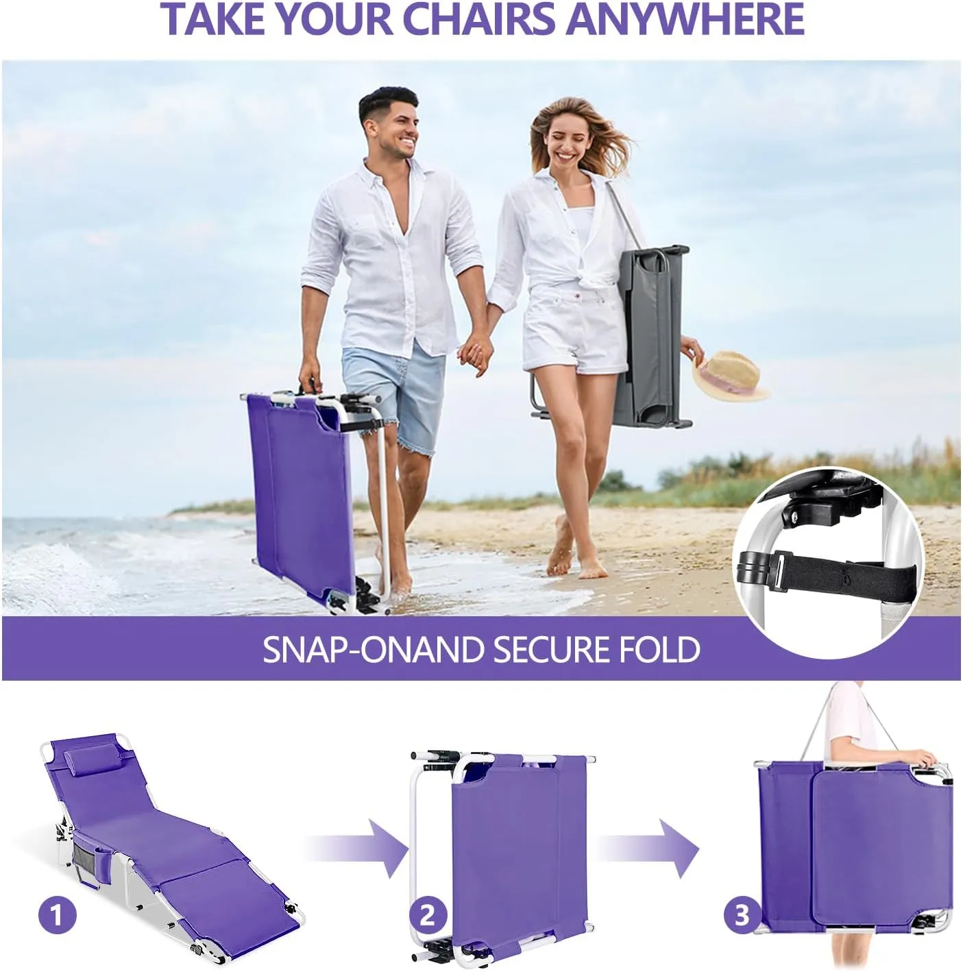 Tanning Chair with Face Hole, Adjustable Folding Chaise Lounge Chairs for Outside with Detachable Pillow & Pocket，Portable flat beach chairs for sunbathing, beach lawns camping (Purple, Standard)