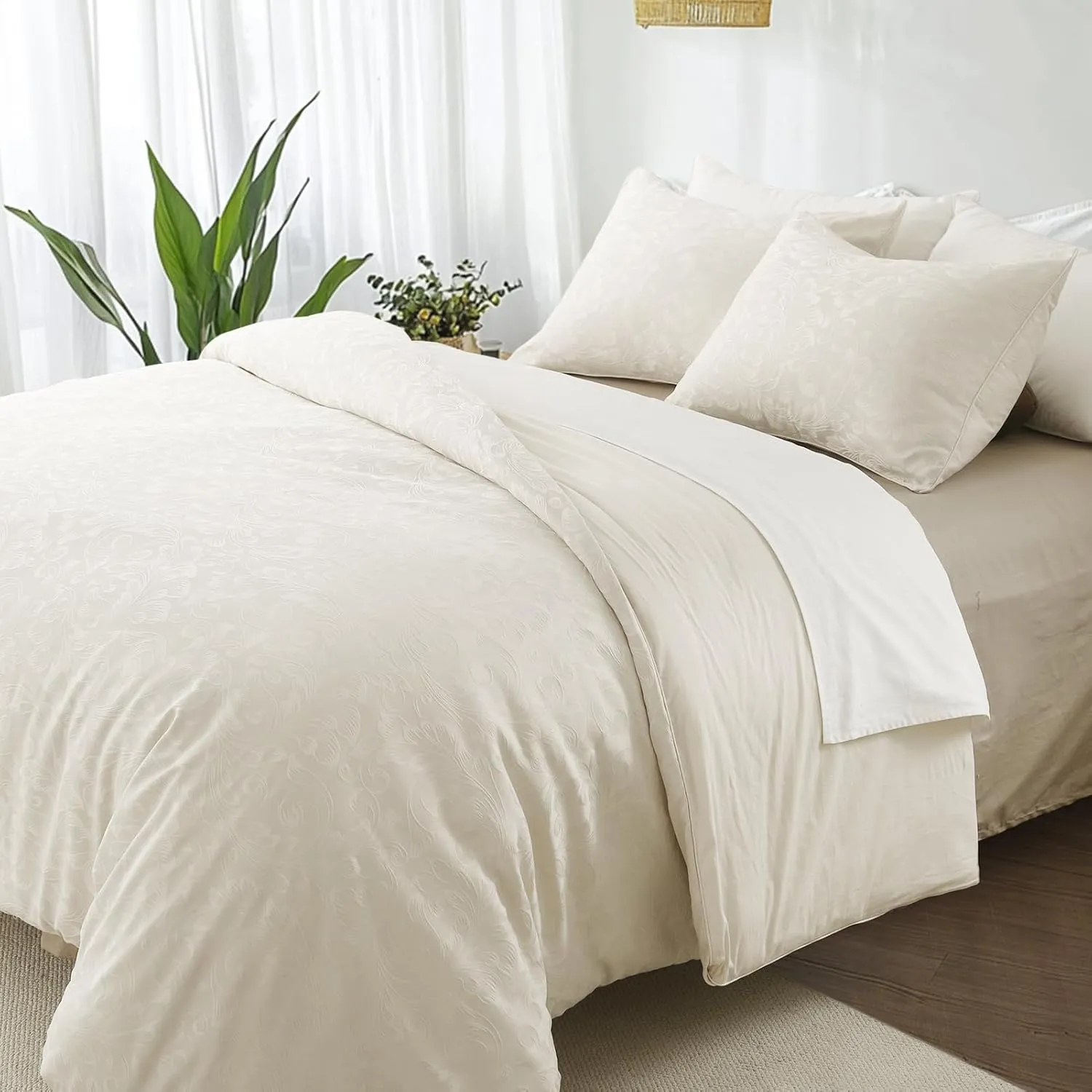 Taupe Duvet Cover Twin Size - Jacquard Twin Duvet Cover Set with 1 Pillow Shams, 8 Corner Ties and 7 Buttons, 2 Pieces Breathable Textured Bedding Set for All Seasons, 68" x 90"