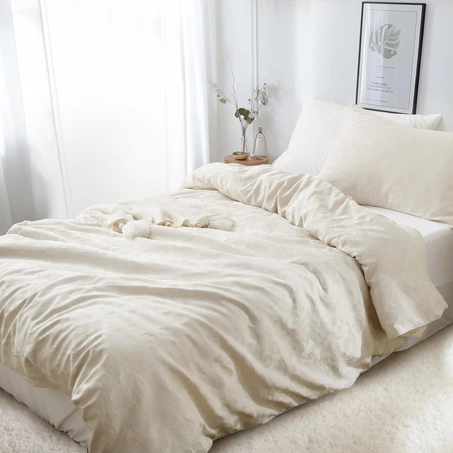 Taupe Duvet Cover Twin Size - Jacquard Twin Duvet Cover Set with 1 Pillow Shams, 8 Corner Ties and 7 Buttons, 2 Pieces Breathable Textured Bedding Set for All Seasons, 68" x 90"